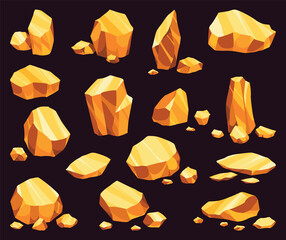 Wall Mural - Gold mine nuggets. icon set, golden game UI stone kit, cartoon treasure amber rock isolated on black. Precious ore mining object collection