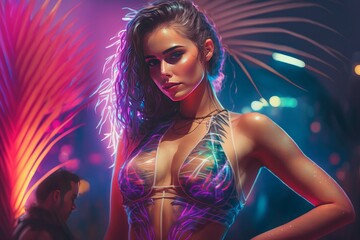 Attractive girl in bikini clubbing at the hot summer dance party. Neon light. Palm trees on background. Vacation nightlife.