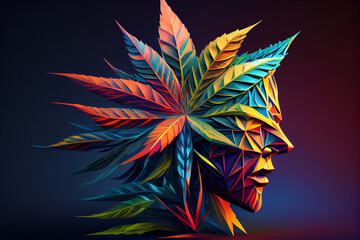 Beautiful abstract illustrations head  cannabis leaf with lights on a bright bokeh background. 