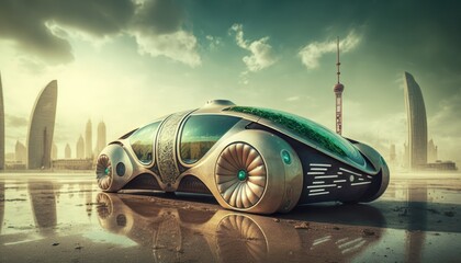 Wall Mural - Futuristic concept car in the city, generative ai