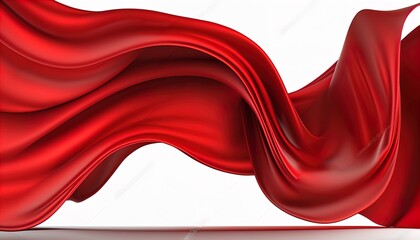 Wall Mural - Elegant red silk satin material wave on white background. smooth fabric with curved pattern.