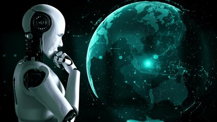 Poster - thinking ai hominoid robot analyzing hologram screen shows concept of network global communication u
