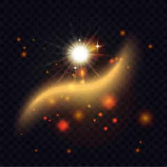 Wall Mural - Golden wave and flare with magic glowing light effect vector illustration. Abstract gold glow of sun rays and spiral swirl trail among stars glitter and flash sparkles, shine of round energy ball