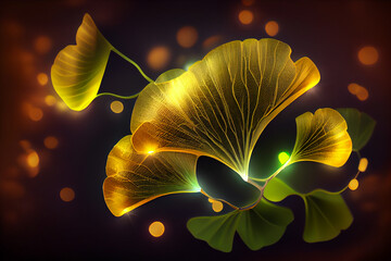 Poster - Beautiful abstract illustrations Ginkgo biloba leaf with lights on a bright bokeh background