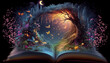 Open book revealing a stunning magical fantasy forest, fairy tale coming to life. generative AI