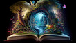 © Kurosch - Open book revealing a stunning magical fantasy forest, fairy tale coming to life. generative AI