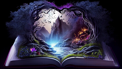 Wall Mural - Open book revealing a stunning magical fantasy forest, fairy tale coming to life. generative AI