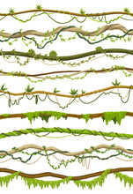 Lianas Stems Border Set. Rainforest Green Vines Or Twisted Plant Hanging On Branch. Cartoon Jungle Creeper Branches, Leaves And Moss On Tree. Isolated Game Scenery Elements