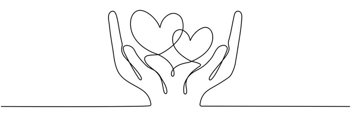 Wall Mural - Continuous one line drawing arms holding two hearts. Love linear concept. Vector isolated on white.