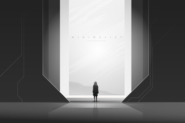 Wall Mural - Futuristic technology background with a lonely figure. Sci-Fi poster. Minimal mountain landscape. Abstract art wallpaper for web, prints, art decoration and applications. Vector