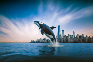 Wall Mural - Killer whale jumps out of the water into the sea against the backdrop of the metropolis and skyscrapers. Generative AI.