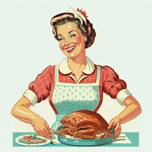 Vintage Retro Illustration Of A Proud Smiling 50s Housewife Preparing A Turkey For Easter Or Thanksgiving, Generative Ai
