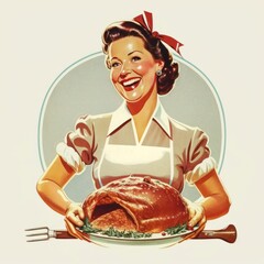 Vintage retro illustration of a proud smiling 50s housewife preparing a turkey for Easter or Thanksgiving, generative ai