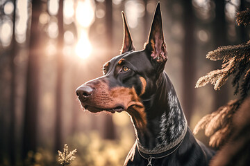 Doberman pinscher dog portrait on a sunset in the forrest