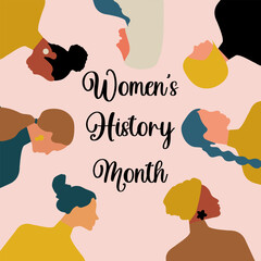 Wall Mural - Women's History Month. Women of different ages, nationalities and religions come together. Pink poster. Vector.