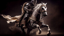 Knight Riding A Horse With Dark Background, Generative Ai