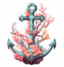Ship Anchor And Corals. Marine Concept. Generative AI, Illustration Painted In A Watercolor Style