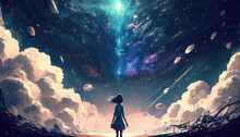 An Impressive Beautiful Anime Illustration With A Girl Standing In Front Of The Universe And Stars, Scifi Art, Generative Ai Technology