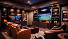a luxurious and spacious room designed for sports enthusiasts, with a large 4K TV, comfortable leather couches, wall-mounted shelves filled with sports memorabilia, and a bar with a sink and a refrige