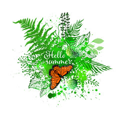 Wall Mural - Green floral abstraction with orange butterfly. Hello summer. Vector illustration