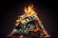 A Burning Pile Of Dollar Bills Symbolizing Financial Losses Concept Background, Generative AI Digital Art.