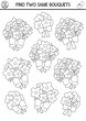 Find two same wedding bouquets. Marriage ceremony black and white matching activity for children. Educational quiz worksheet for kids. Printable game with bride flower arrangements.