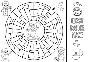 Wedding black and white maze for kids with dancing bride and groom. Marriage printable activity. Matrimonial labyrinth coloring page. Puzzle with just married couple and first dance.