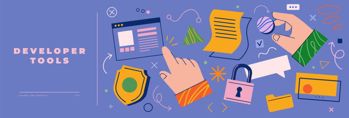 Poster - set of digital interface elements. figures: files, browser window, notepads, text documents, folders