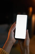 Vertical closeup female hand holding phone with white screen mockup in dark
