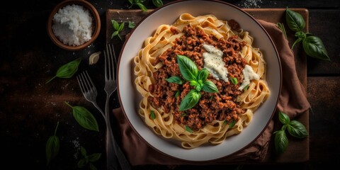 Wall Mural - spaghetti bolognese presentation top view, generative, ai