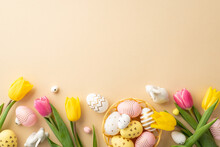 Easter Celebration Concept. Top View Photo Of Colorful Easter Eggs In Bowl Ceramic Bunnies Yellow And Pink Tulips On Isolated Pastel Beige Background With Copyspace
