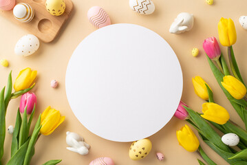 Wall Mural - Easter concept. Top view photo of white circle easter eggs in wooden holder ceramic bunnies yellow and pink tulips on isolated pastel beige background with copyspace