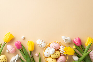 Wall Mural - Easter celebration concept. Top view photo of colorful easter eggs in bowl ceramic bunnies yellow and pink tulips on isolated pastel beige background with copyspace