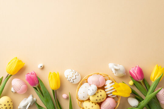 easter celebration concept. top view photo of colorful easter eggs in bowl ceramic bunnies yellow an