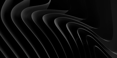 Close up of modern abstract wave or curve shaped bend black paper background from above