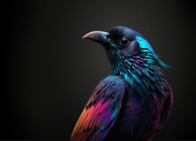 Crow / Raven With Colorful Feathers In, Cyan, Magenta, Yellow And Black (4C) Against A Dark Background, Cmyk Color And Print Concept, Generative Ai