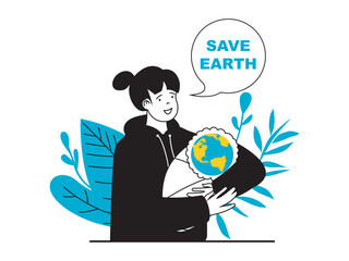 Poster - Save Earth concept with character situation. Woman mother hugs sweet earth and presses to herself, protects and preserves nature and world. Vector illustration with people scene in flat design for web