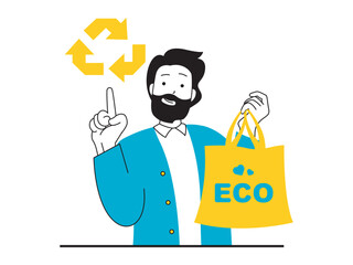 Fototapete - Save Earth concept with character situation. Man environmental activist uses textile eco shopping bag and calls for recycling and reusable. Vector illustration with people scene in flat design for web