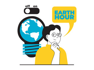 Fototapete - Save Earth concept with character situation. Man joins to campaigning for climate change awareness and turn off electricity for time. Vector illustration with people scene in flat design for web