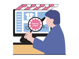Poster - Shopping concept with character situation. Man chooses clothes with special offer price on website store, makes order and paying online. Vector illustration with people scene in flat design for web