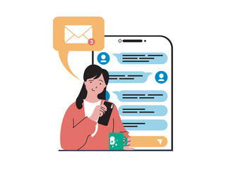Poster - Social network concept with character situation. Woman chats with friend and receives new messages, communicates online using mobile app. Vector illustration with people scene in flat design for web