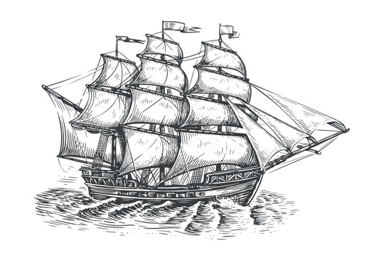 vintage sailboat drawn in vintage engraving style. sailing ship sketch. marine concept. vector illus