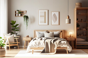 modern bedroom with wooden decoration in scandinavian style, sustainable living, interior design made with Generative AI