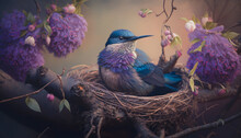 Blue And Purple Hummingbird In Nest On A Summer Evening