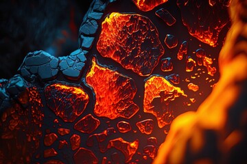 Hot liquid lava eruption closeup background illustration. Volcano lava flow with earth fissure, macro burning flow surface.