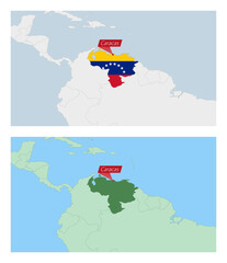 Sticker - Venezuela map with pin of country capital. Two types of Venezuela map with neighboring countries.