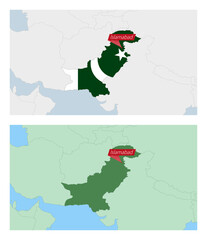 Sticker - Pakistan map with pin of country capital. Two types of Pakistan map with neighboring countries.