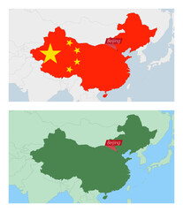 Sticker - China map with pin of country capital. Two types of China map with neighboring countries.