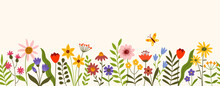 Wide Horizontal Banner With Colorful Flowers. Floral Seamless Pattern. Summer Or Spring Background.