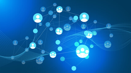 Poster - global social network. internet and technology. blue futuristic background with wavy lines.